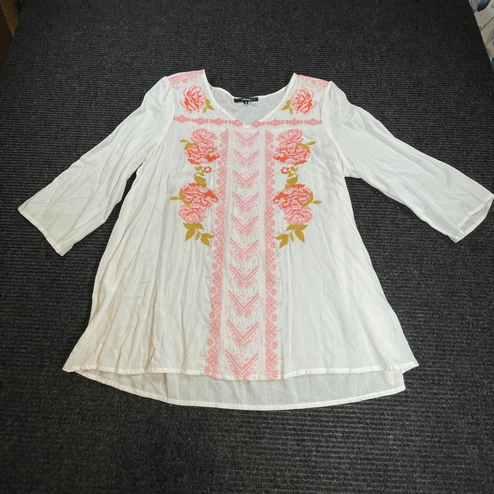 Andree by Unit White Embroidered Floral Boho Tunic Blouse V-Neck 3/4 Sleeve S